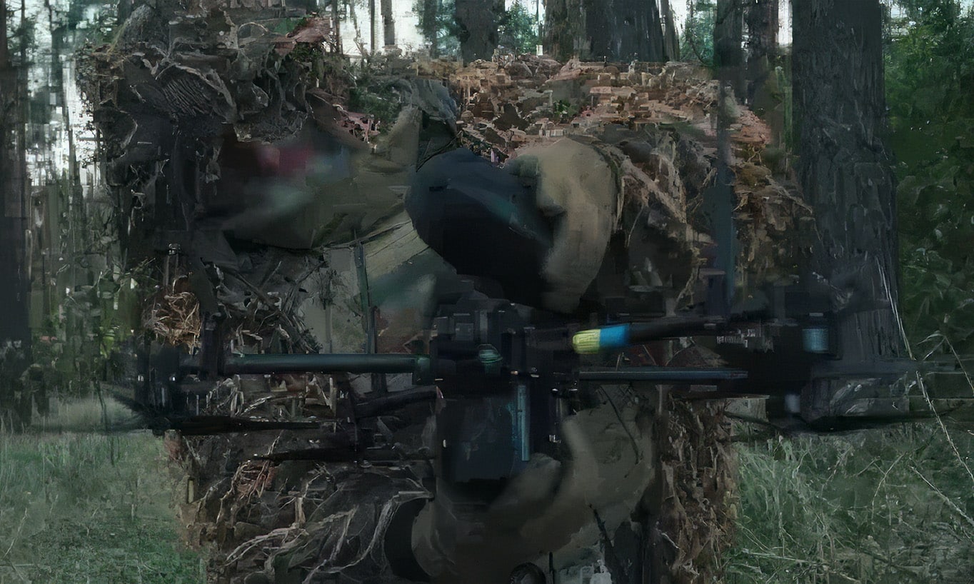 A camouflaged Ukrainian FPV drone operator holding a drone in woodland