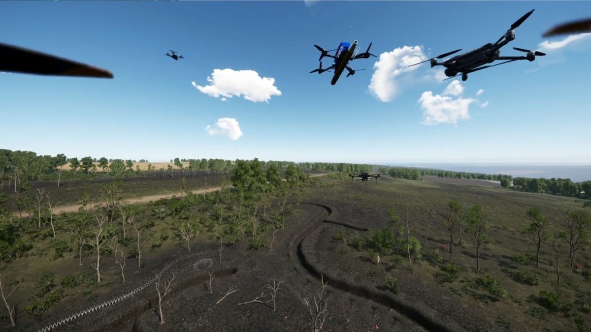 Several FPV drones flying over a rural battlefield landscape in Ukrainian Fight Drone Simulator