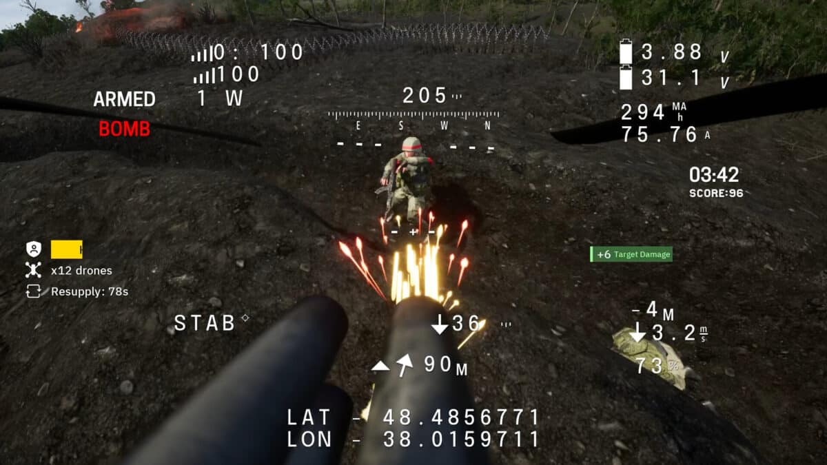 FPV drone targeting a soldier in Ukrainian Fight Drone Simulator with HUD and mission data visible