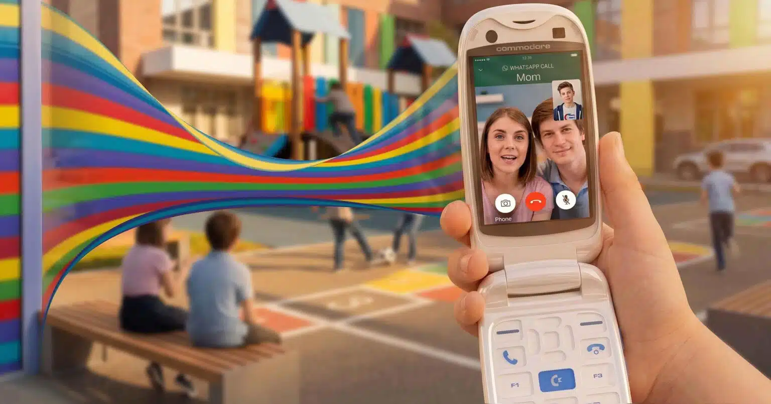 A Commodore Callback flip phone being used for a video call in a colourful public space
