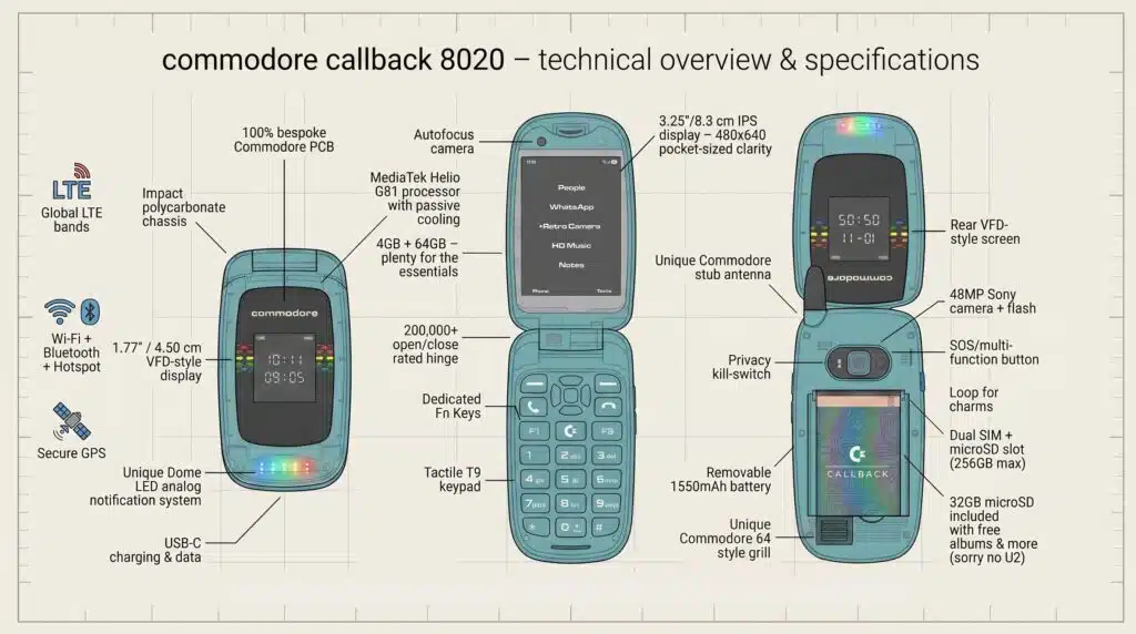 Technical overview and specifications for the Commodore Callback 8020 flip phone
