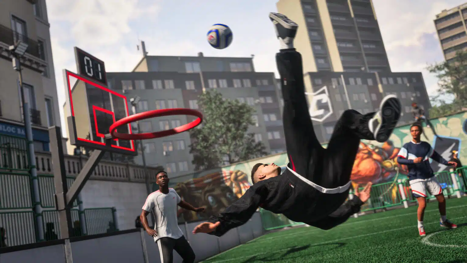 A footballer attempting an overhead kick on an urban court in EA Sports FC 27
