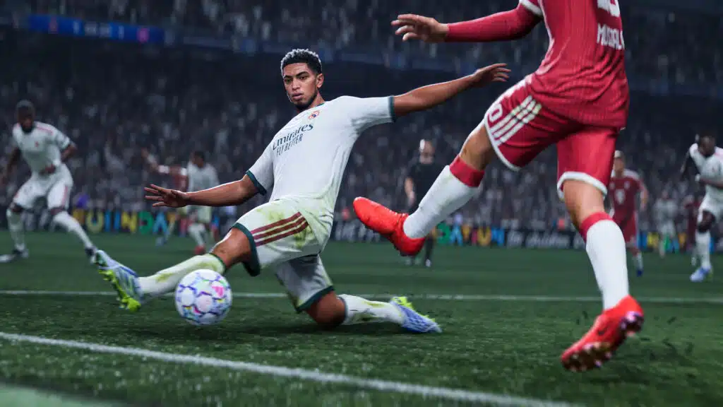 Jude Bellingham sliding to play the ball in EA Sports FC 27