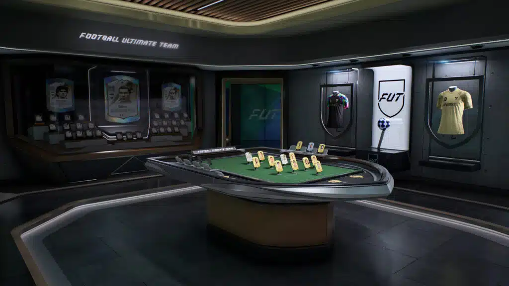 A Football Ultimate Team room with player cards arranged on a central table