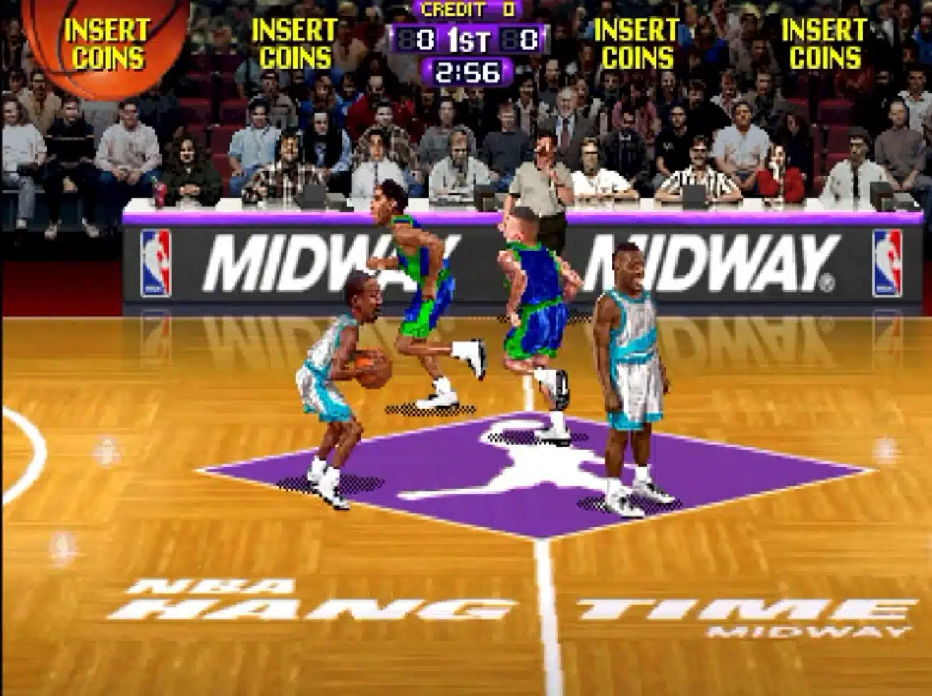 NBA Hangtime running on MiSTer FPGA, showing an arcade basketball match