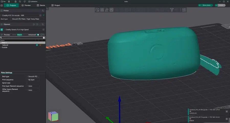 A scan of a Quest 3 BoboVR battery in slicing software