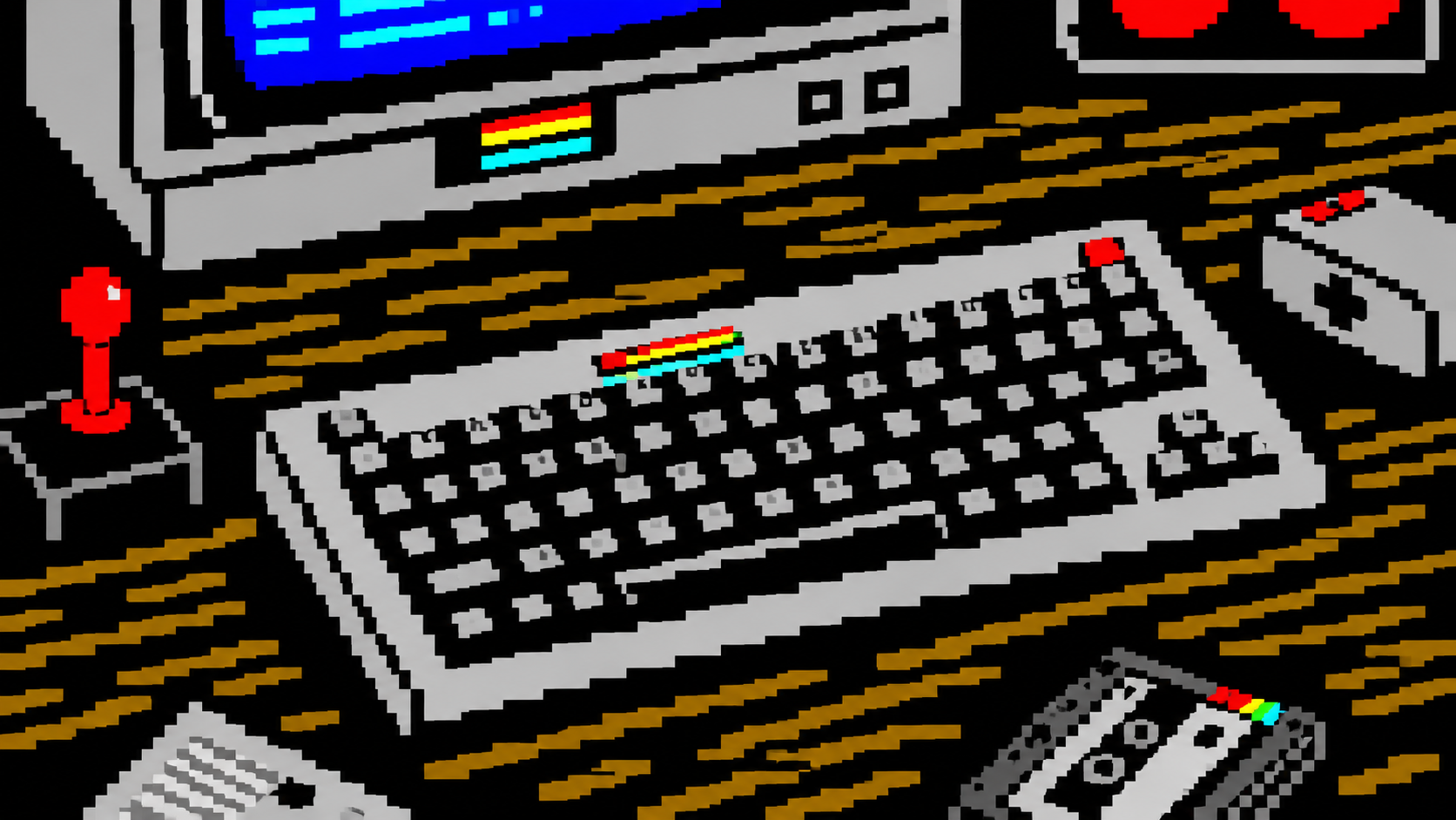 Pixel-art C64-style keyboard, joystick and mouse arranged on a wooden desk