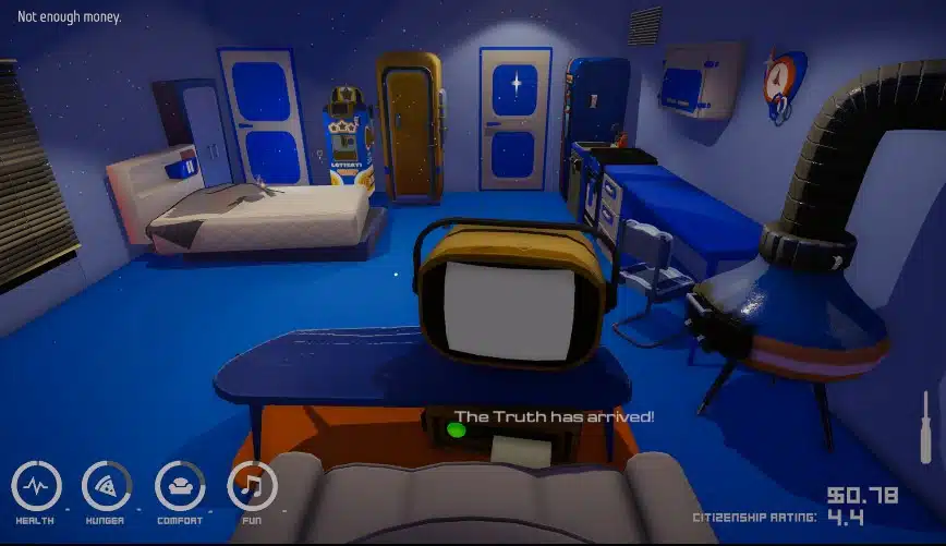 A blue apartment and television in Dystopicon