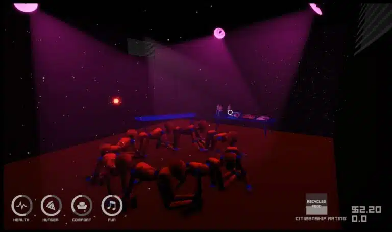 Crash test dummies arranged in a dark room in Dystopicon