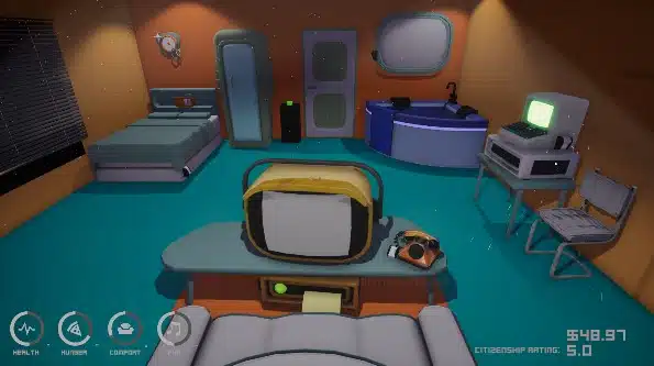 A cramped apartment centered on a television in Dystopicon