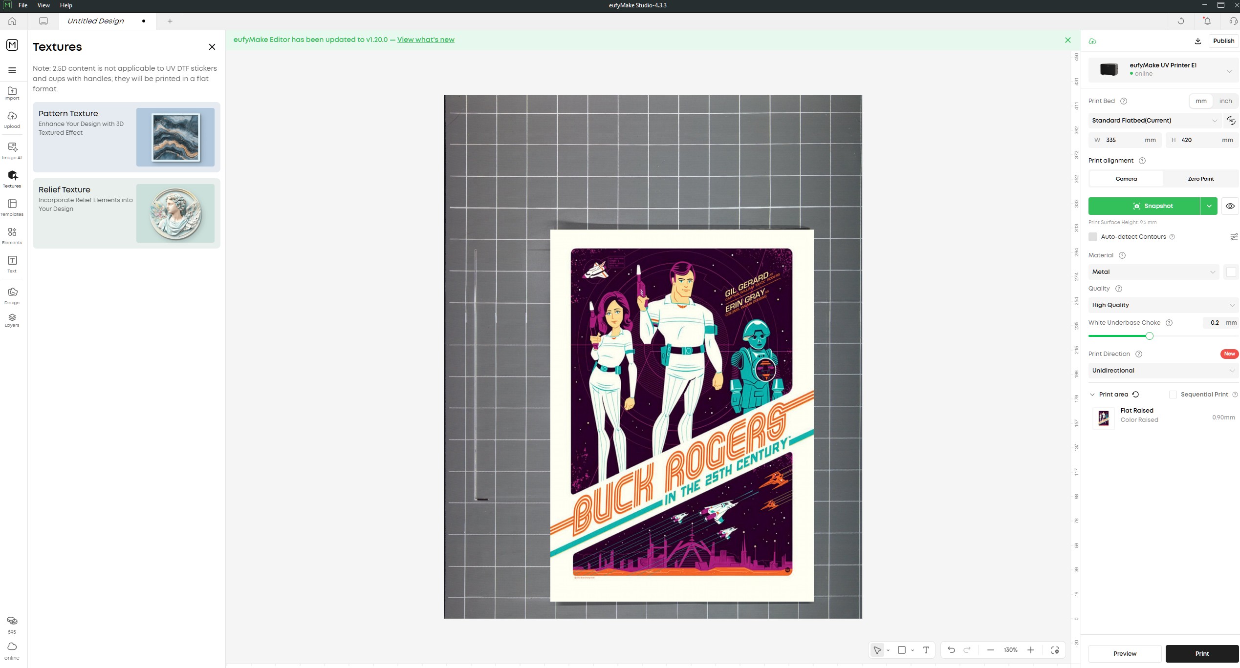 Buck Rogers artwork positioned in EufyMake Studio for UV printing