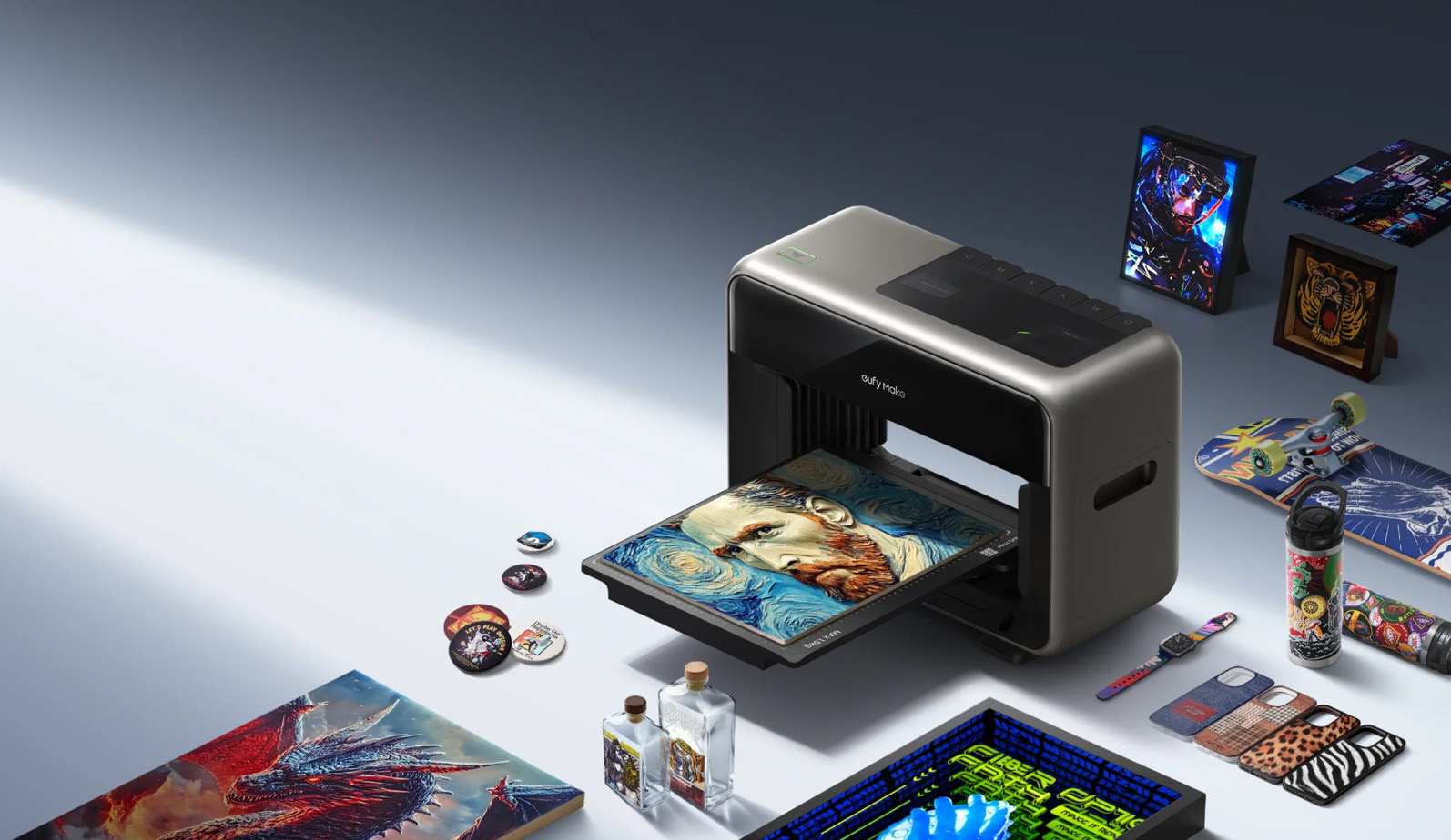 EufyMake E1 UV printer producing a colourful art print