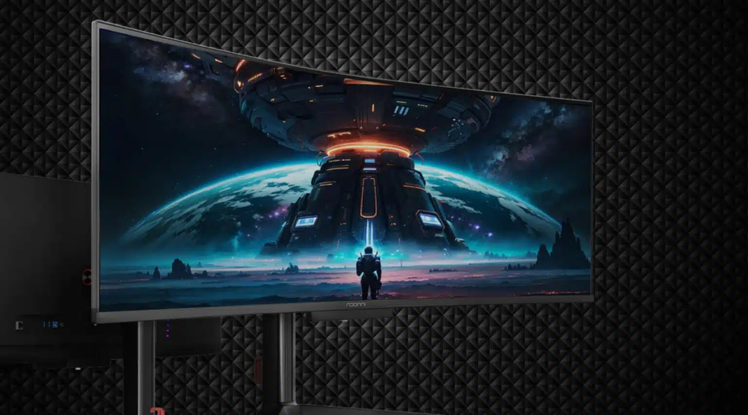 INNOCN 49Q1R ultrawide monitor displaying a science-fiction landscape