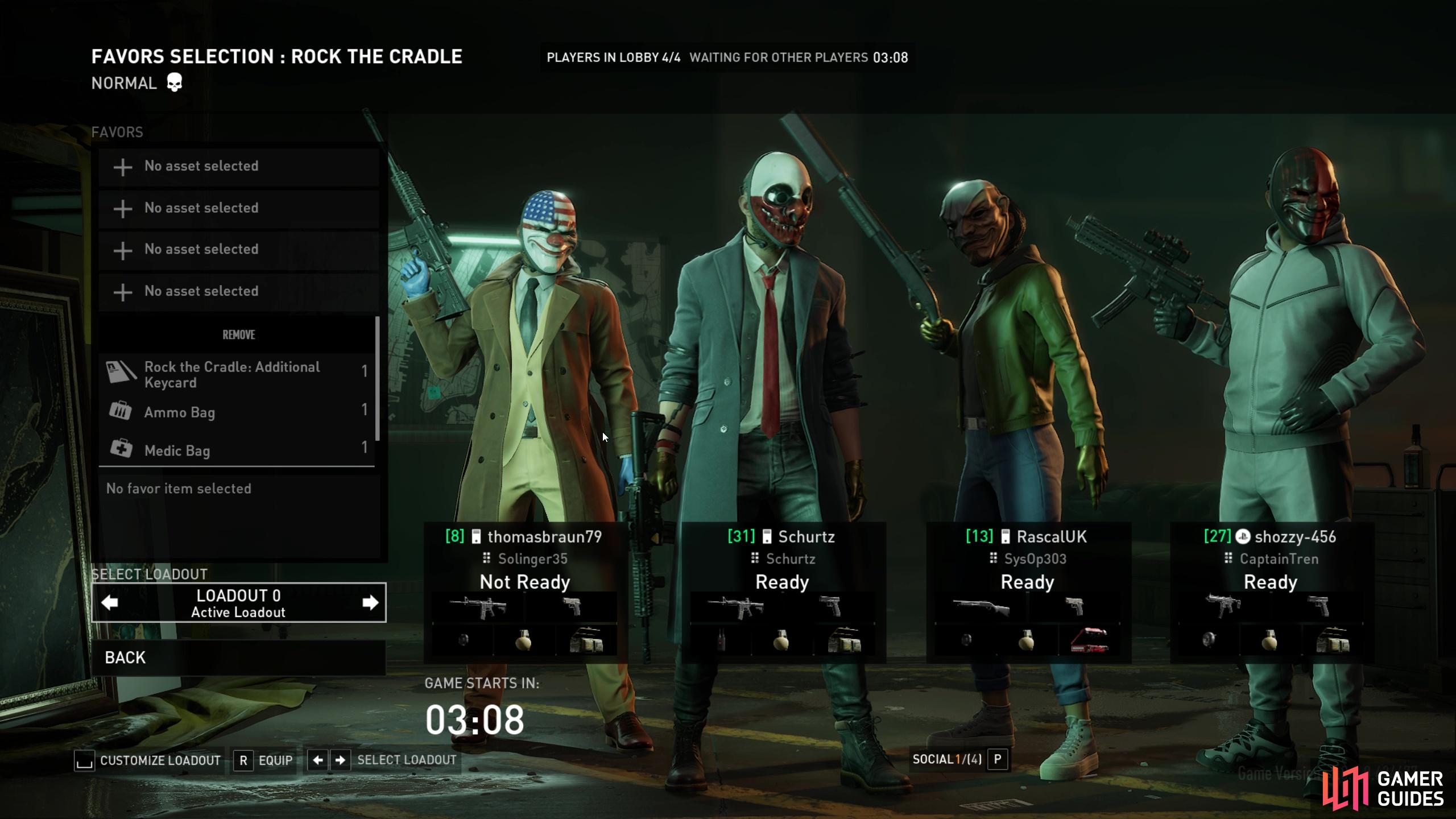 Four masked Payday 3 players preparing in a heist lobby