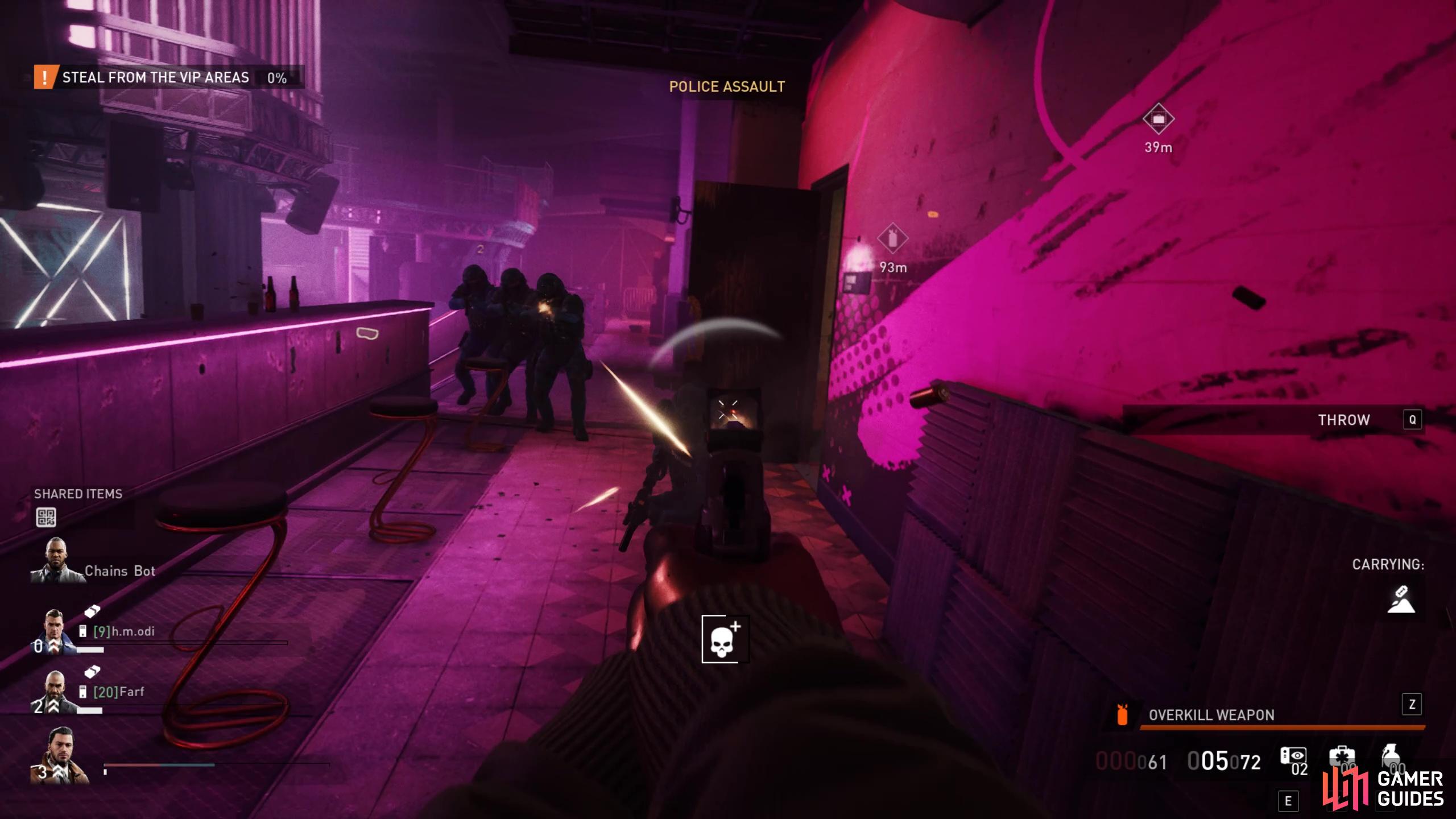 Police lining up during a firefight in a neon-lit nightclub