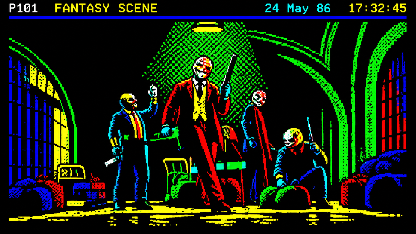 Teletext-style fantasy scene featuring Payday 3's four masked heisters