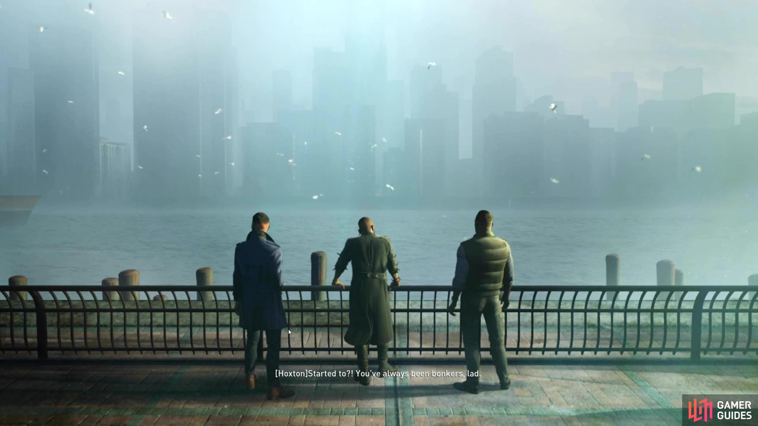 A Payday 3 story cutscene overlooking a misty city skyline